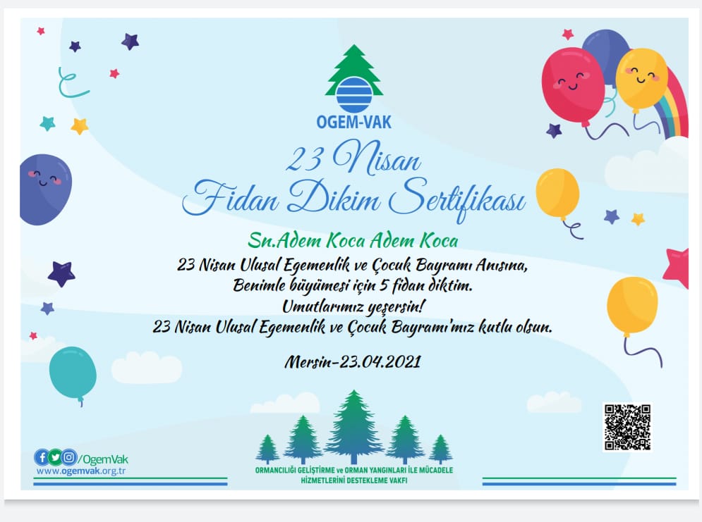 #23Nisan Ulusal Egemenlik ve  Çocuk Bayramı’nda fidanlarımızın da fidanı olsun; 13 milyon çocuğumuz 23nisan.gelecegenefes.com adresinde 13 milyon fidanla buluşsun.

Haydi #Mersin fidanımızı sahiplenelim çocuklar.  #23NisanMutluOlsun