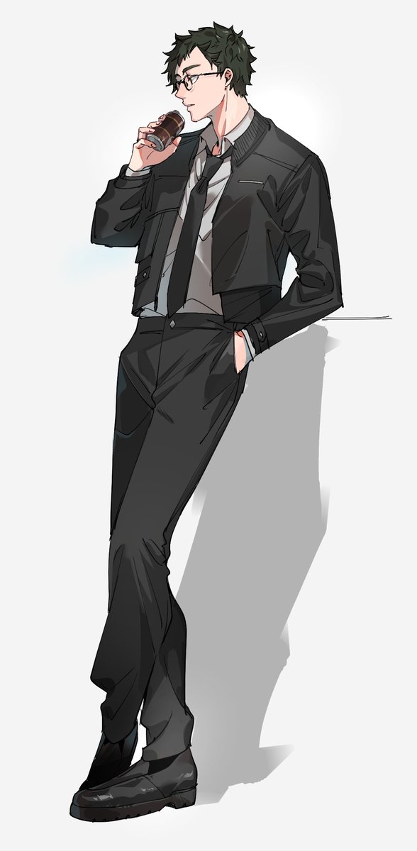 1boy male focus solo hand in pocket necktie glasses holding  illustration images