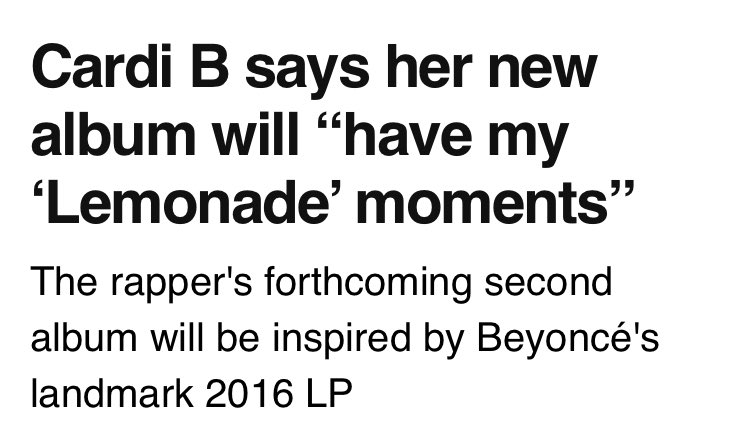 Several other artists said they were inspired by Lemonade when creating their albums, such as Cardi B, Little Mix and Snoop Dogg.Critics have written about how other artists were inspired by Lemonade for their albums, incl. Taylor Swift, Fiona Apple, Shania Twain & Alicia Keys.