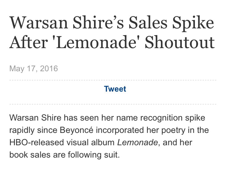 Of course, the Beyoncé Effect continued. People involved in the album such as Warsan Shire saw a 800% increase in sales after its release. Brands such as Red Lobster and El Camino, and even small details like the lemon and bee emojis, saw an increase in popularity after Lemonade.