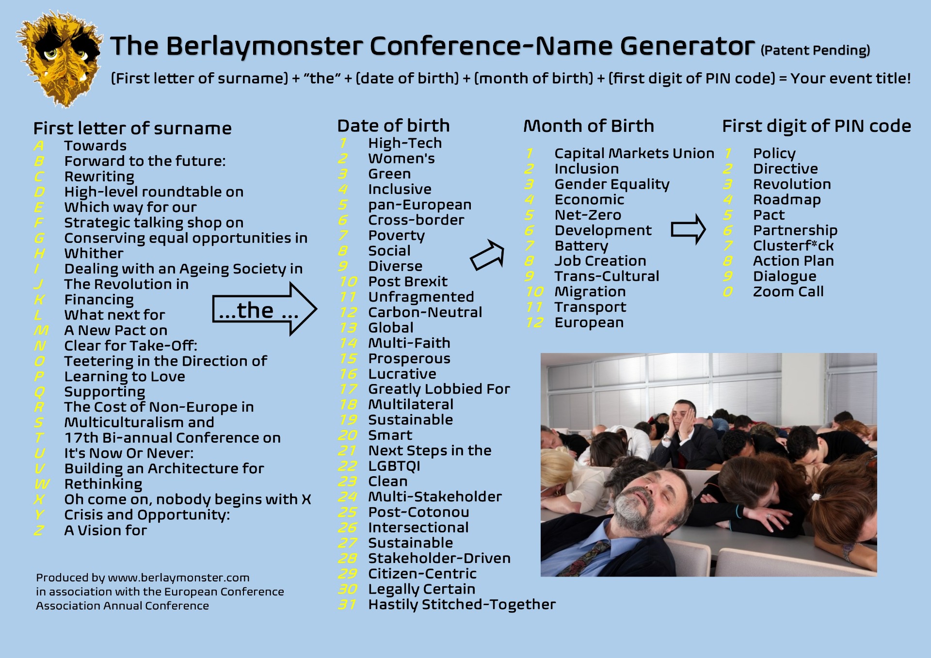 Berlaymonster on Twitter: "Brussels events organisers: stuck for a name for  your upcoming snoozefest? Here's a handy Conference-Name Generator, new,  from Berlaymonster, created by conference veteran @mseltzermayr.  https://t.co/WEuHcYLbcp https://t.co ...