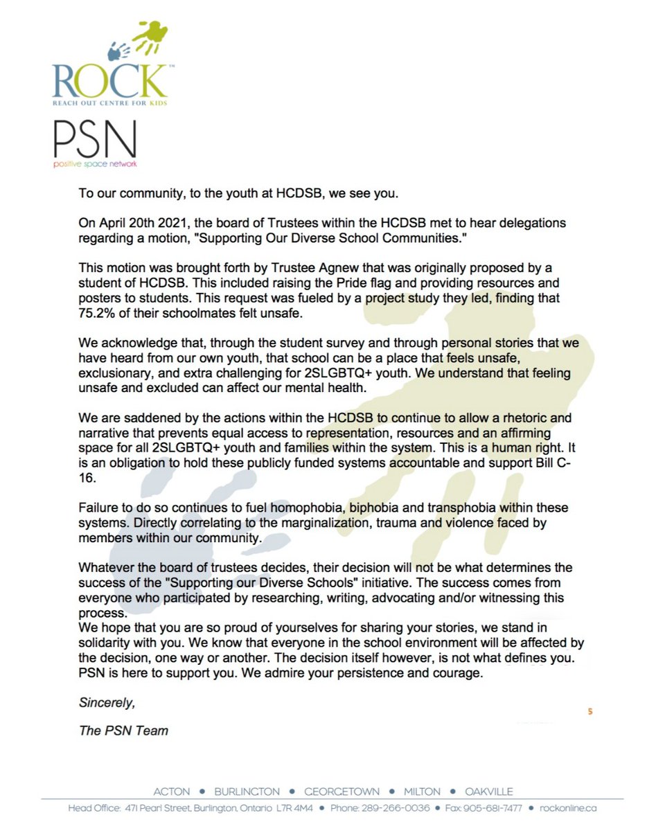 Please see the attached letter of response from the PSN team to the HCDSB.

Also, if you are in crisis &amp; are a youth between the ages of 0-18 (or a caregiver of) know that ROCK is here to listen and offer help. Call our 24/7 Crisis Line at 905-878-9785 to connect for support.