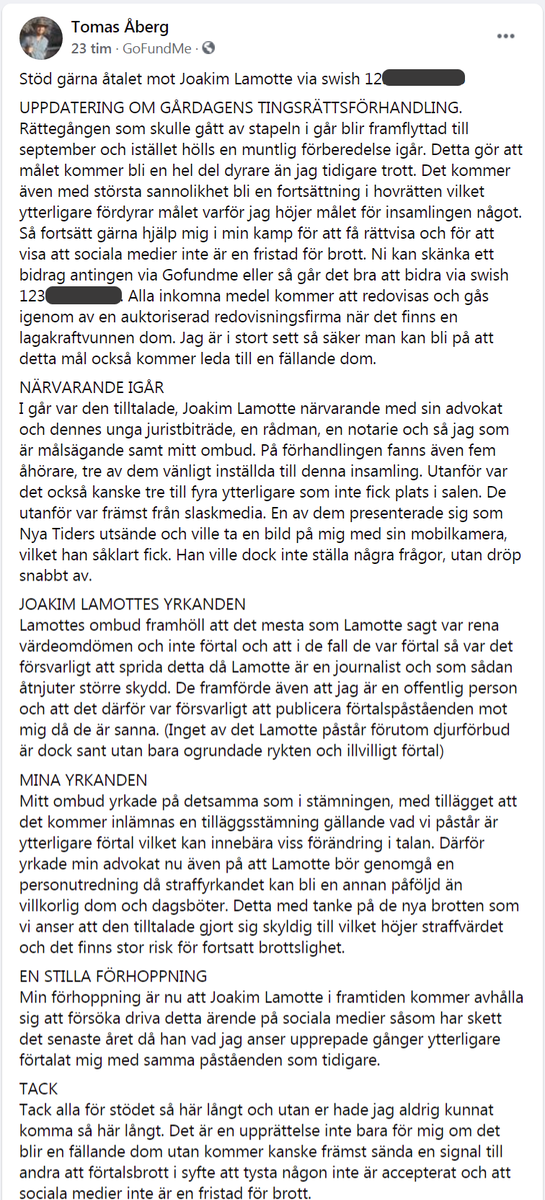 medmanniskan's tweet photo. Vad jag kan utläsa av det här inlägget så för Åberg en egen rättegång på facebook mot Joakim Lamotte, eller har jag fel på glasögonen? https://t.co/Iqxgm8jvGG