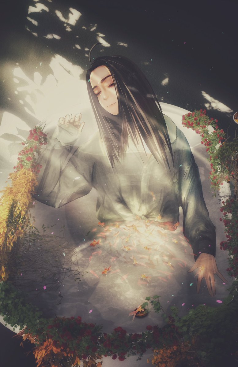 long hair male focus 1boy solo black hair closed eyes flower  illustration images