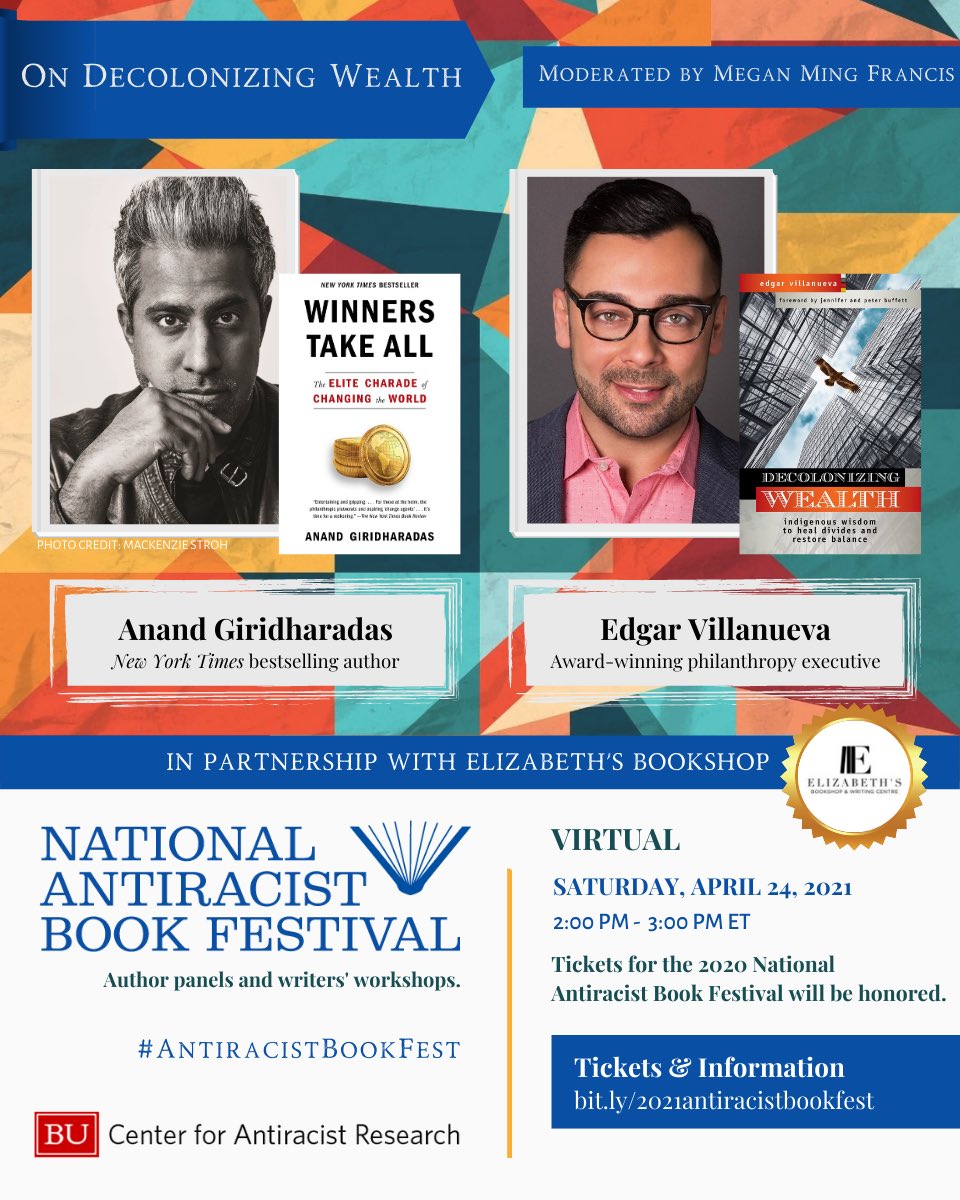 Elizabeth's Bookshop & Writing Centre (@elizabethsakron) on Twitter photo So looking forward to tomorrow’s panel with <a href="/AnandWrites/">The.Ink, from Anand Giridharadas</a> and <a href="/VillanuevaEdgar/">Edgar Villanueva</a> at the #AntiracistBookfest
Hope to see you there! So looking forward to tomorrow’s panel with <a href="/AnandWrites/">The.Ink, from Anand Giridharadas</a> and <a href="/VillanuevaEdgar/">Edgar Villanueva</a> at the #AntiracistBookfest
Hope to see you there!