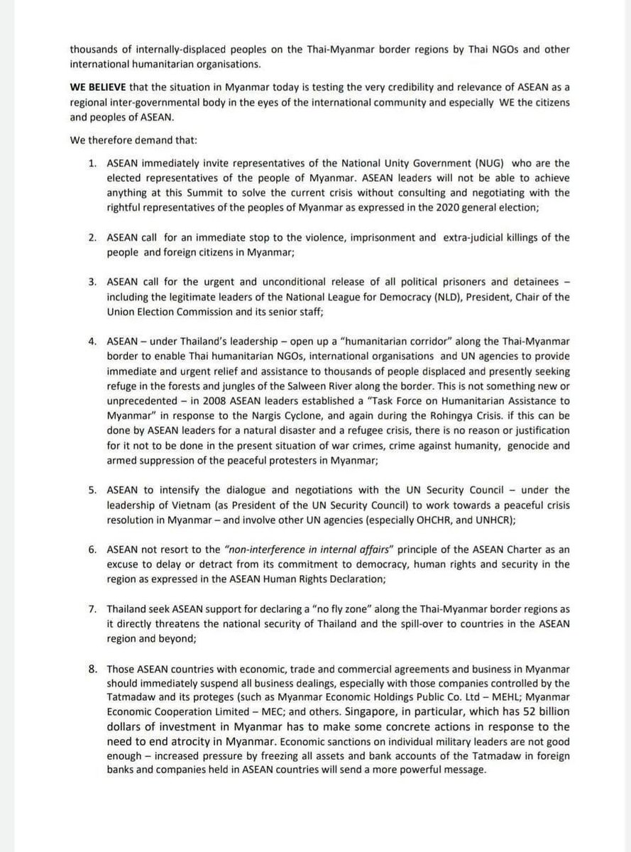 45 regional organizations press ASEAN to abandon its outdated policy of "non-interference" to address Myanmar's crisis including by seeking an end to the junta's shooting of protesters and its release of political prisoners and suspending business with the military's companies.