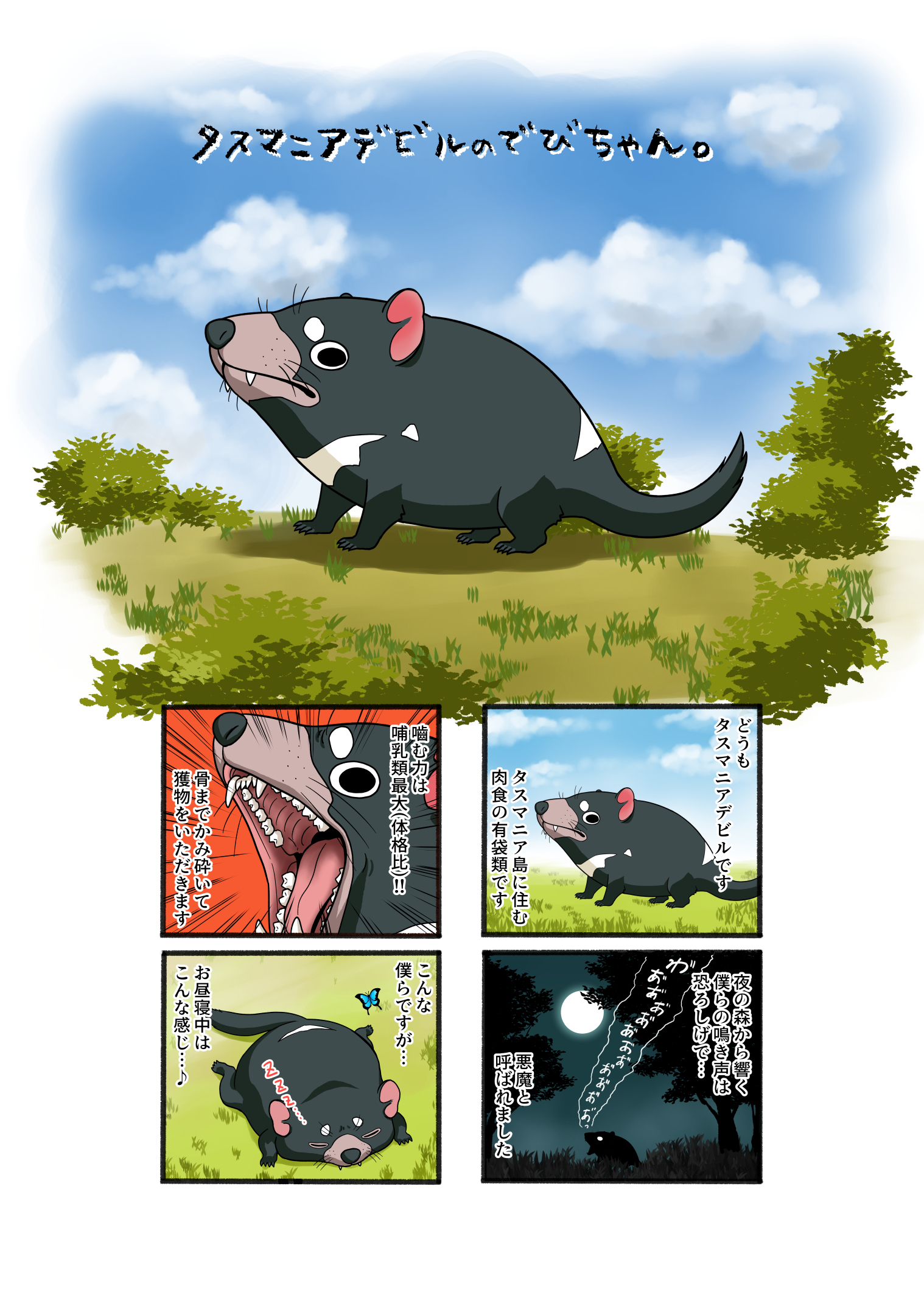 北郷 豊 Skeb募集してます ちゃいちーアニマル 今回は 有袋類のタスマニアデビルです こんな名前ついてますけど実にかわいらしいのです 多摩動物公園で会えるよ 動物 タスマニアデビル 有袋類 動物漫画 タスマニアデビルのでびちゃん