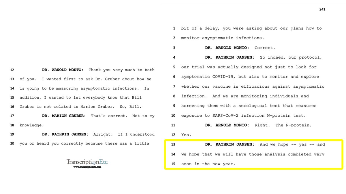 12/: In other words:Pfizer did not test whether vaccinated people could also become infected and spread the infection. It is entirely possible that the vaccine is no defense against infection.Transcript:  https://bit.ly/3sVrPvd Full 8 hours Hearing: 