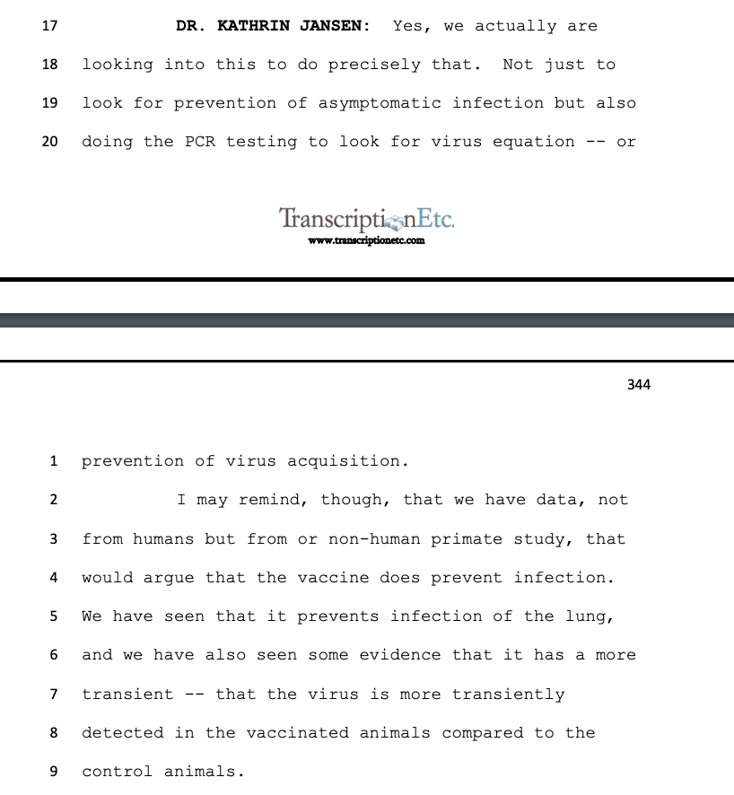 14/: Dr. Jansen extenuates after the “would argue the vaccine does prevent infection”-statement: those vaccinated primates had a shorter duration of infection(!); this does not alleviate her initial confession. Transcript below, mimics, 7 hours 29 mins in:  https://bit.ly/3qoRgUq&q...