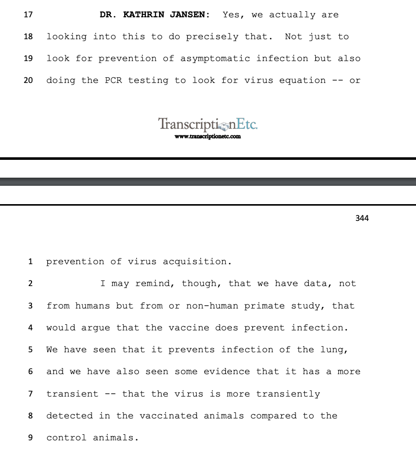 14/: Dr. Jansen extenuates after the “would argue the vaccine does prevent infection”-statement: those vaccinated primates had a shorter duration of infection(!); this does not alleviate her initial confession. Transcript below, mimics, 7 hours 29 mins in:  http://bit.ly/3qoRgUq 