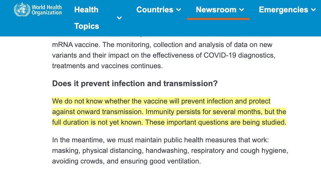 15/: 26th January 2021,  @WHO about @moderna_txe-vaccine:“We don't know whether the vaccine will prevent infection & protect against onward transmission. Immunity persists for several months, but the full duration is not yet known.[...] being studied”  http://bit.ly/3v0HOdc 