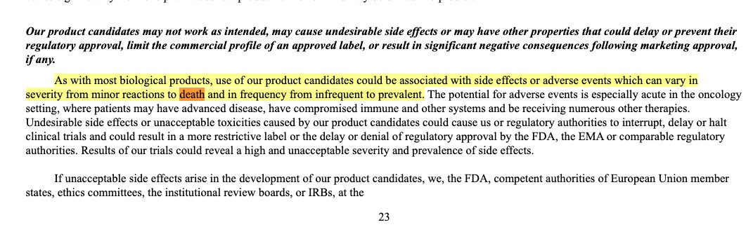 17/: A recent SEC filing by  @Pfizer reveals:“[...] which can vary in severity from minor reactions to death [...].[...] managing the potential side effects [...] could result in patient injury or death.[...] prolonged toxicities or even patient deaths” https://bit.ly/3bmrko0 