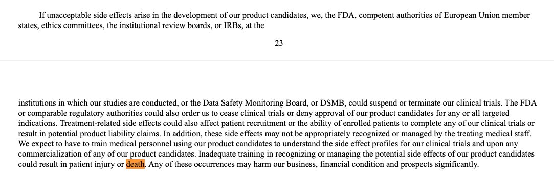 17/: A recent SEC filing by  @Pfizer reveals:“[...] which can vary in severity from minor reactions to death [...].[...] managing the potential side effects [...] could result in patient injury or death.[...] prolonged toxicities or even patient deaths” https://bit.ly/3bmrko0 