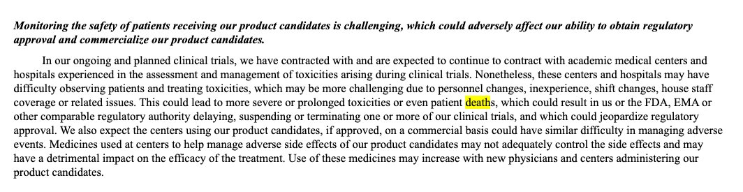 17/: A recent SEC filing by  @Pfizer reveals:“[...] which can vary in severity from minor reactions to death [...].[...] managing the potential side effects [...] could result in patient injury or death.[...] prolonged toxicities or even patient deaths” https://bit.ly/3bmrko0 