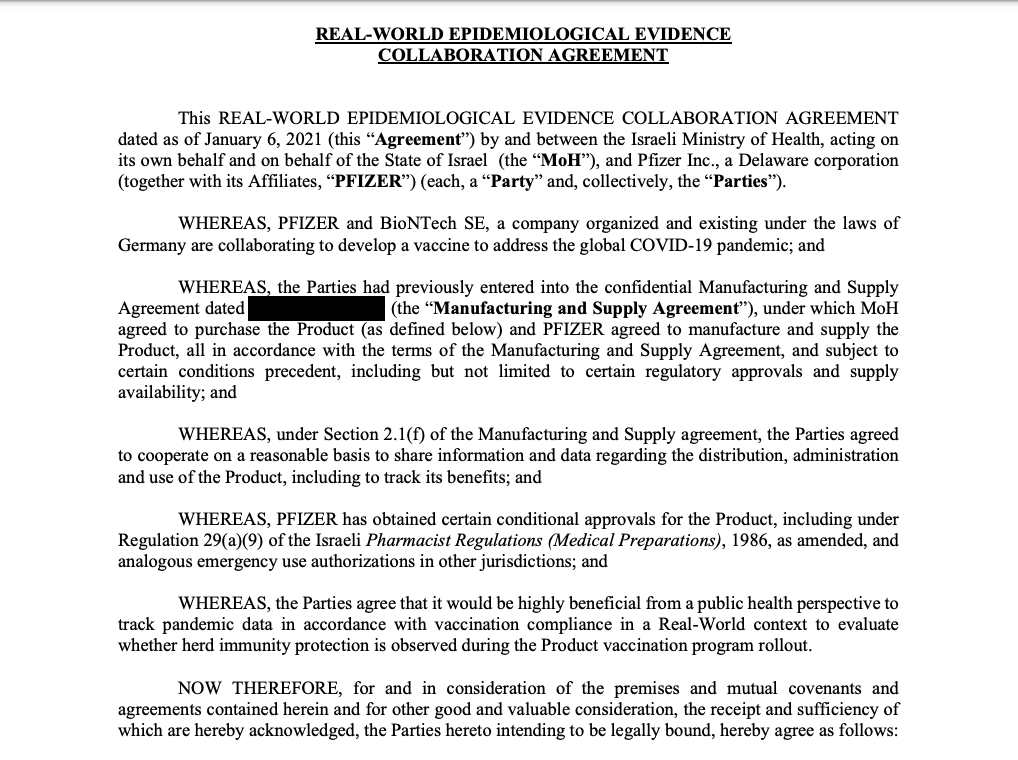 21/: Shocking:  @netanyahu assigned the nation's health to  @pfizer, entering into a secret contract, enrolling the Israeli population to become guinea pigs, without their knowledge or consent:Real World Epidemiological Evidence Collaboration Agreement. http://bit.ly/3bmxV1K 