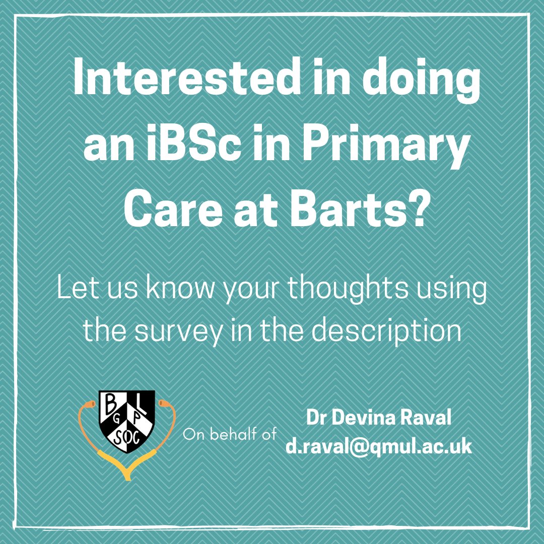 Hi everyone,

We would like to know your thoughts on the option to do an iBSc in Primary Care/General Practice at Barts. 

Please fill out this short survey: forms.gle/9ZwUTUvkDSyHtS…

For more information on this, please contact Dr Devina Raval at d.raval@qmul.ac.uk

Thank you!