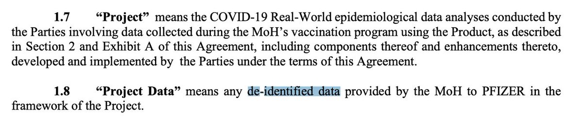 26/: Patient-data protection is loosely mentioned only once as "de-identified", no further strict data regulations in regards to patient data privacy are defined. Pfizer is even not "obligated to return or destroy Project Data or Results'' in case of agreement-termination. L҉O҉L҉