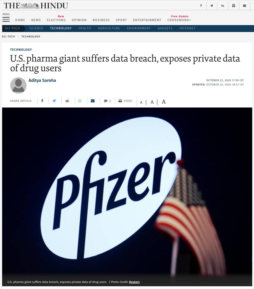 27/:  @pfizer are giant noobs in regards to data sec.“By not protecting this data, Pfizer compromised the privacy and security of people [...]"Say goodbye to Israeli private patient data security.Further: No external controls. https://bit.ly/38hldzE  http://bit.ly/3bmGkCd 