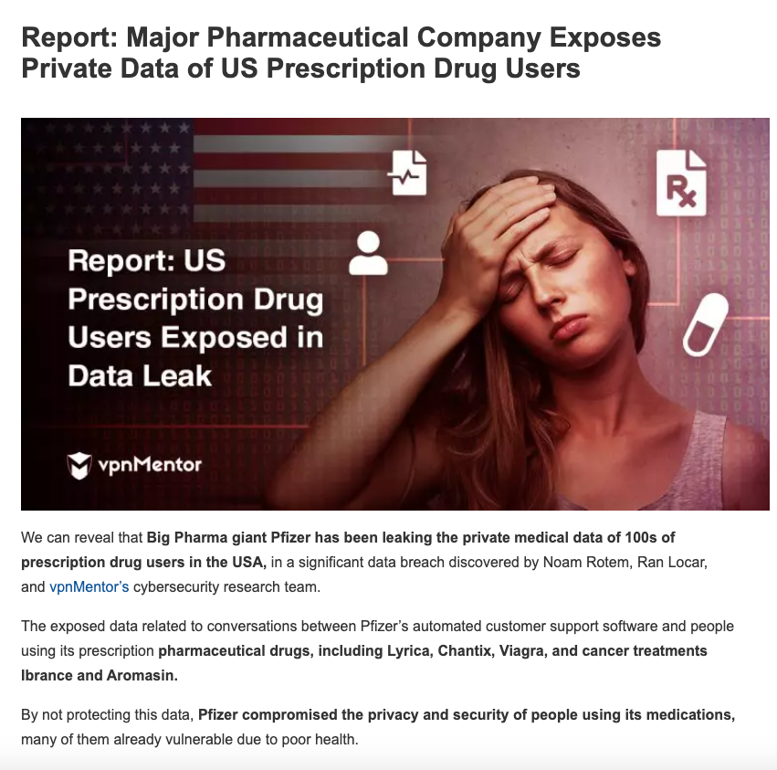 27/:  @pfizer are giant noobs in regards to data sec.“By not protecting this data, Pfizer compromised the privacy and security of people [...]"Say goodbye to Israeli private patient data security.Further: No external controls. https://bit.ly/38hldzE  http://bit.ly/3bmGkCd 
