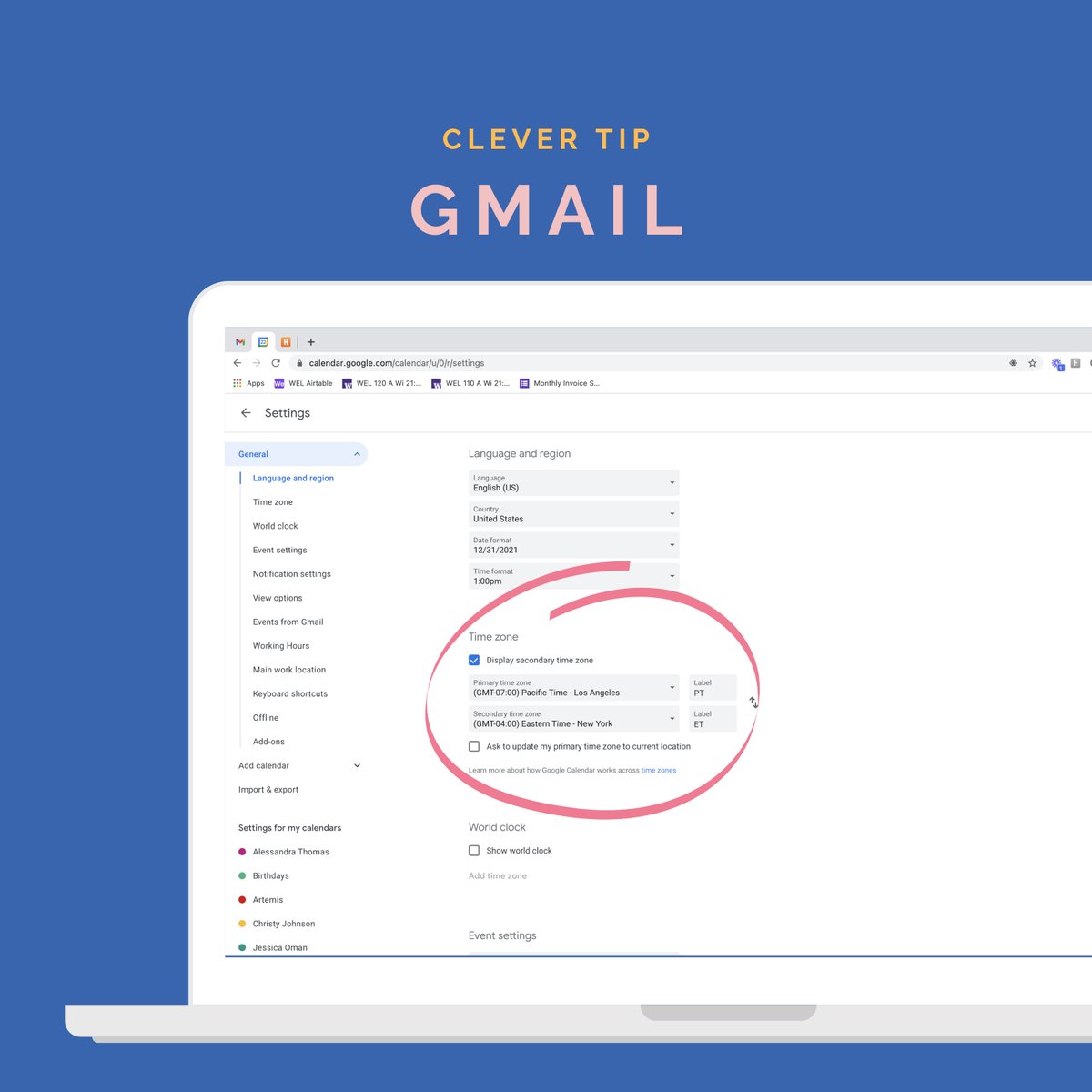 thecleverlyco's tweet photo. 🕒 How many times have you had to Google time zones and convert calendars? It can be frustrating and tricky especially if you're trying to schedule multiple people in different locations. Try these tips! #clevertips #cleverlydone #cleverworkstyle https://t.co/NcOTvboMjX