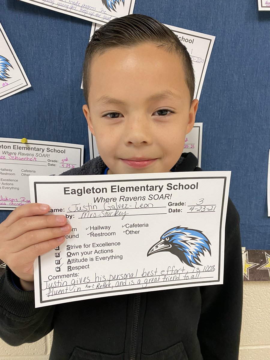 EES3rdStuckey's tweet photo. Our class voted for Justin as our class SOAR award winner. He always does his personal best on assignments, is 100% fluent with math facts, and is a great friend to all. #eessoars https://t.co/UBNrSUWrkN