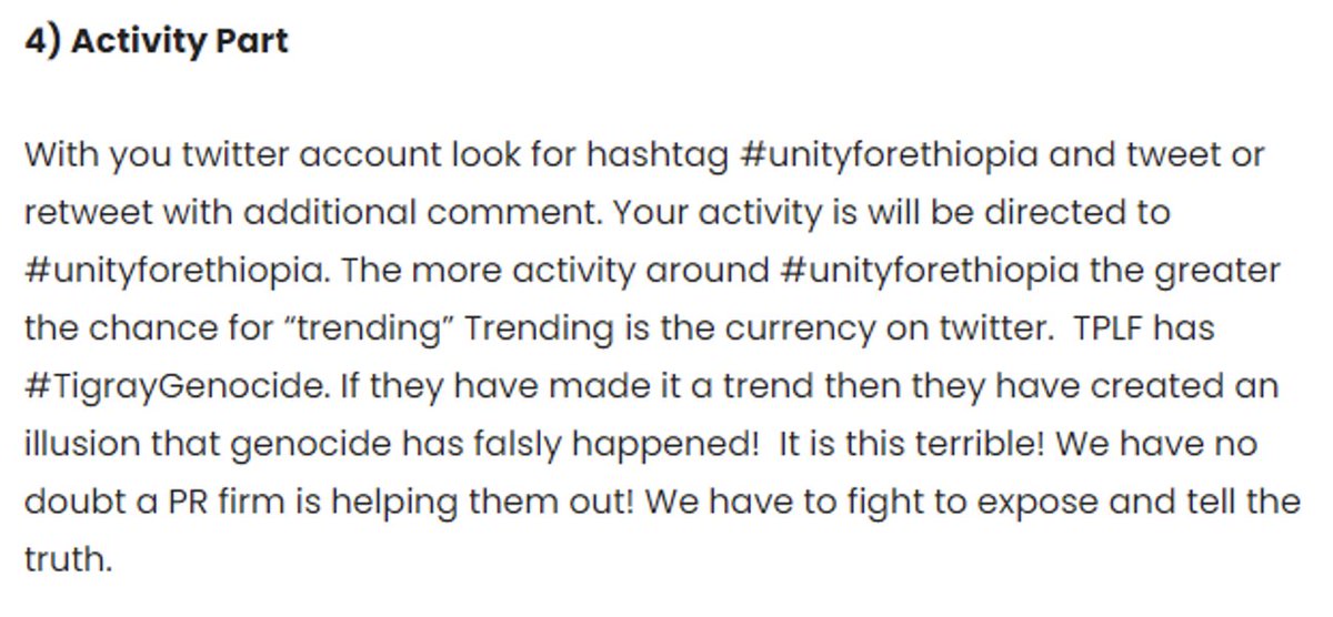 Activist campaigns are coordinated by websites that are located in the U.S and have a four step tweet outline:StatementMentionHashtagActivityUnity for Ethiopia explains their strategy: