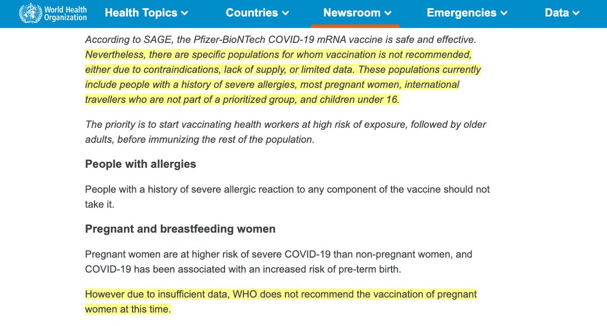 36/: Should pregnant women be exposed to an experimental vaccine?8th Jan 2020,  @WHO advised against:"vaccinating pregnant and breastfeeding women”“due to insufficient data, WHO does not recommend the vaccination of pregnant women at this time.” http://bit.ly/3rssiol 