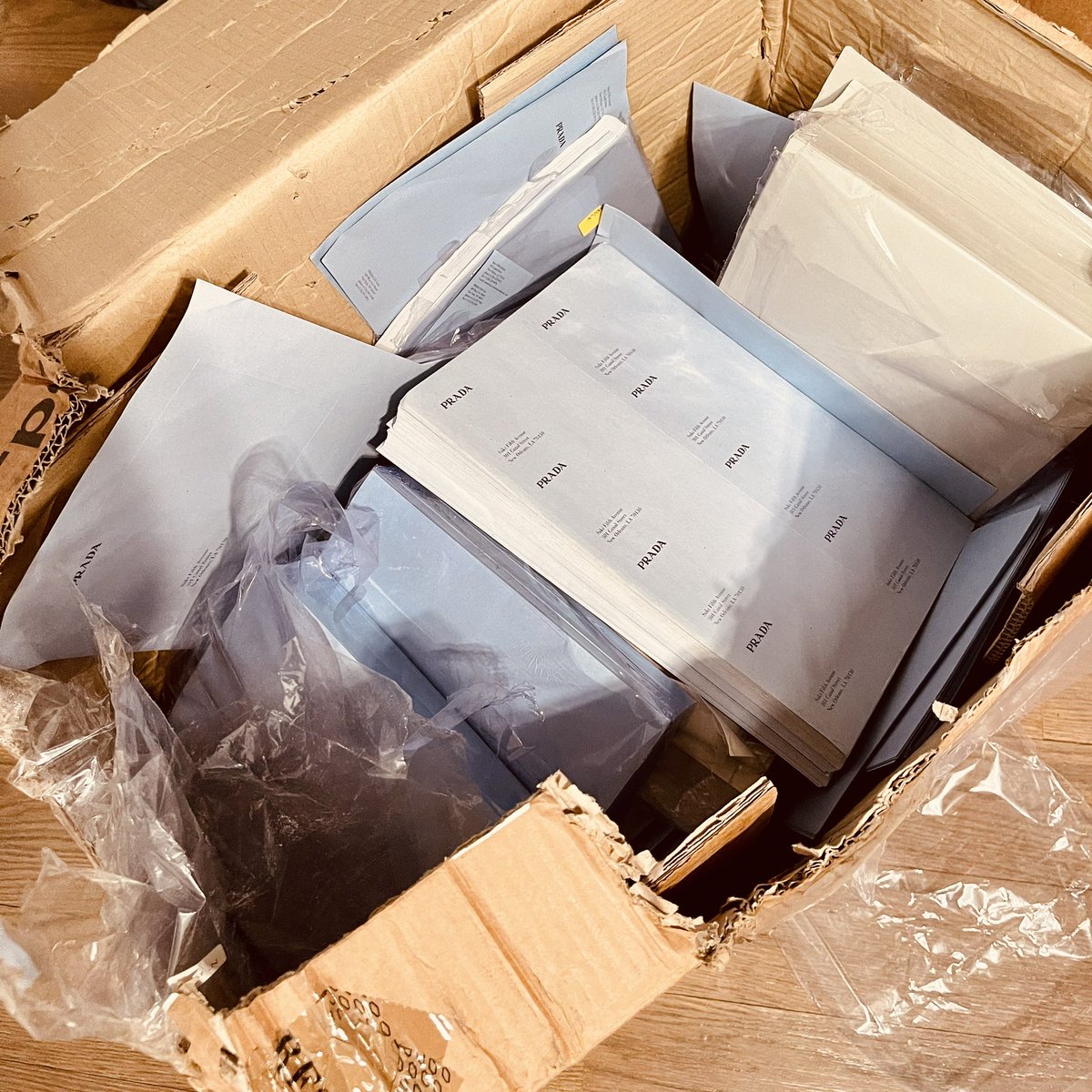 MeagMarty's tweet photo. Umm @Prada u OK? Just got this 50lb box of blank stationary. U need this? https://t.co/Bl1DKjqvV4