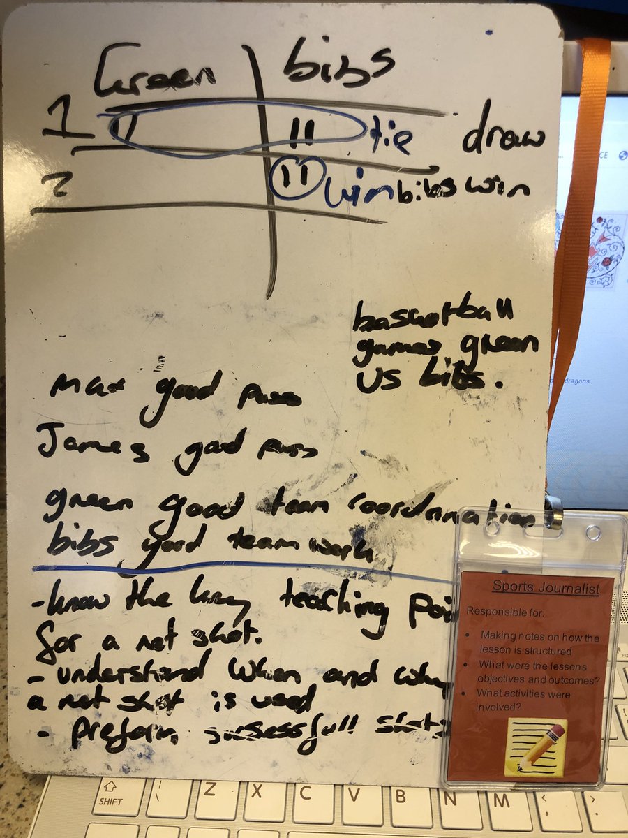 Example of the sports journalist lanyard in action😀

Instead of this child with no kit sitting on the side line they made notes about the lesson including:

- The teams
- The learning objectives
- The scores
- Individual and team feedback

“Green good team coordination” 

✅✅