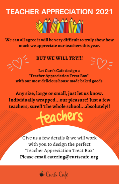 Downtown HP (@downtownhp) on Twitter photo Check out this awesome opportunity to thank your teachers now through the end of the school year with Curt's Cafe baked goods! Email catering@curtscafe.org for more info. Check out this awesome opportunity to thank your teachers now through the end of the school year with Curt's Cafe baked goods! Email catering@curtscafe.org for more info.