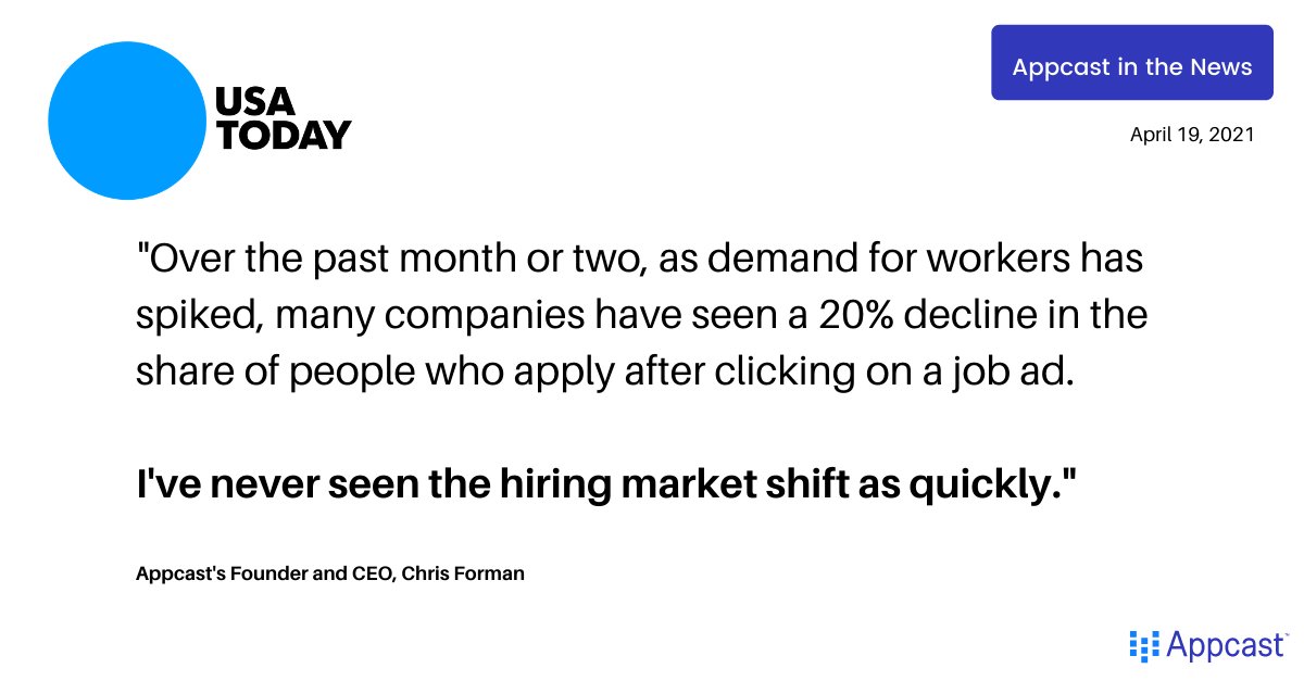 appcast_io's tweet photo. The hiring market is ever-shifting but today's market is exceptionally tough to #recruit in - there are so many variables impacting your ability to get candidates. This article from @USATODAY provides in-depth perspective on the impact! https://t.co/TgqfeZQrfV https://t.co/OOaipiBoCl