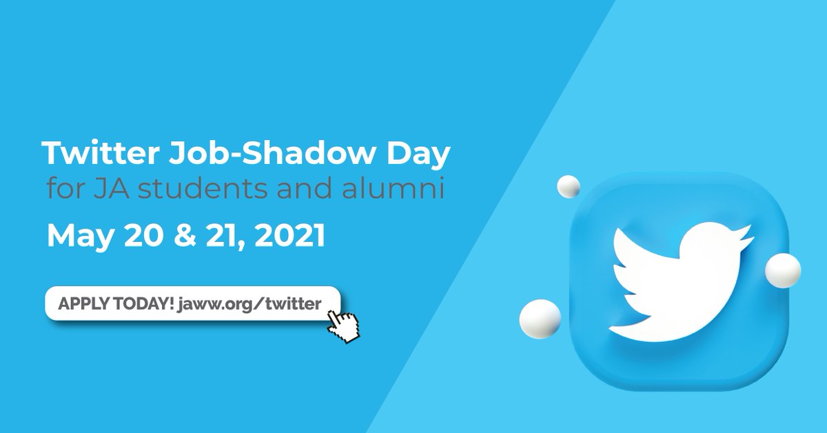 The JA Worldwide x @Twitter Job-Shadow Day is back on May 20 and 21, 2021.
Apply today for your one-on-one with a Twitter pro. Spots are limited! Learn more (and apply) at jaww.org/twitter   

#Twitter #Careers #JobShadow