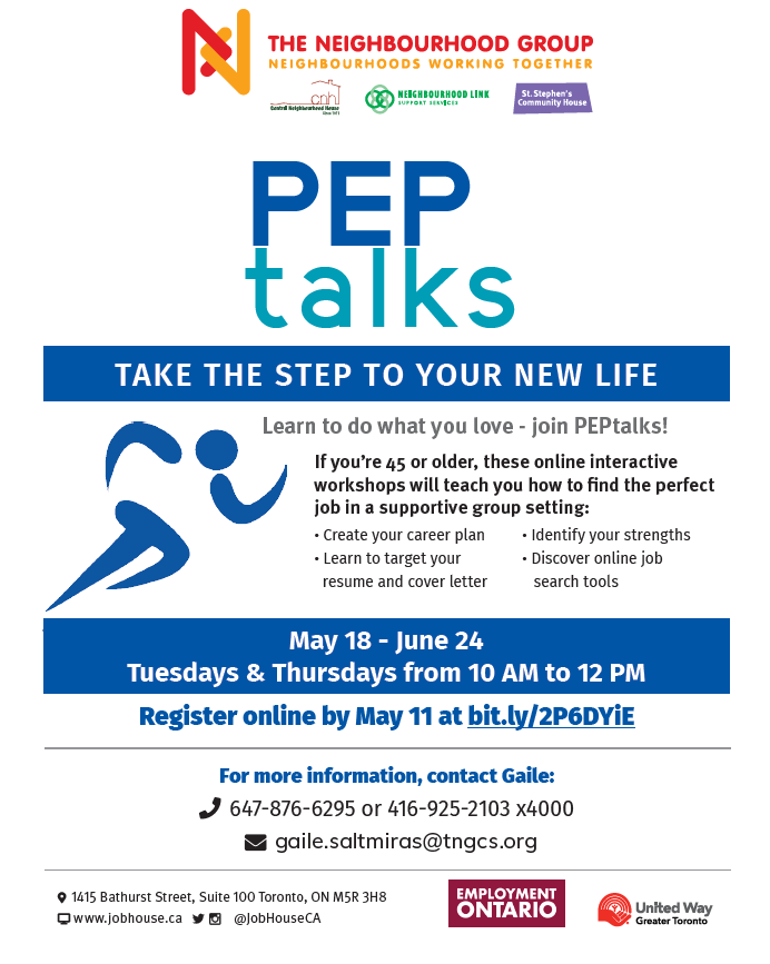 JobHouseCA's tweet image. Are you 45 or older and looking for employment? Join our PEP Talks program! You will create a career plan, target you resume and cover letter, Identify you strengths and more! To register call 647-876-6295 or email gaile.saltmiras@tngcs.org by May 11th. #jobhouse #program