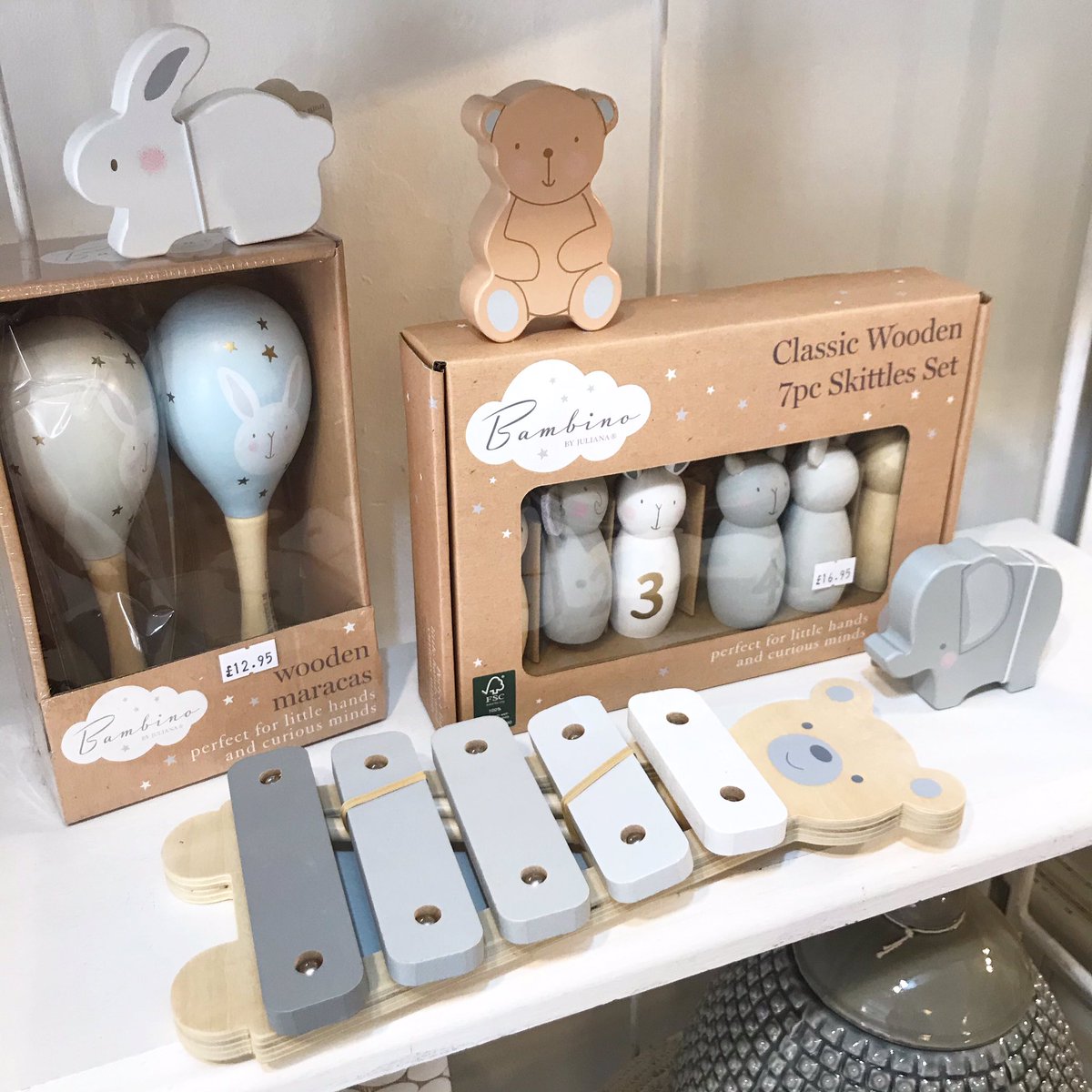 Babies are sure to love our gorgeous new wooden toys! Aren’t the little bunny/elephant/bear rattles just the cutest? Shop them in store now or get in touch if you’d like anything popping in the post x #baby #woodentoys #babygift #woodenrattle #skittles #maracas #xylophone #baby