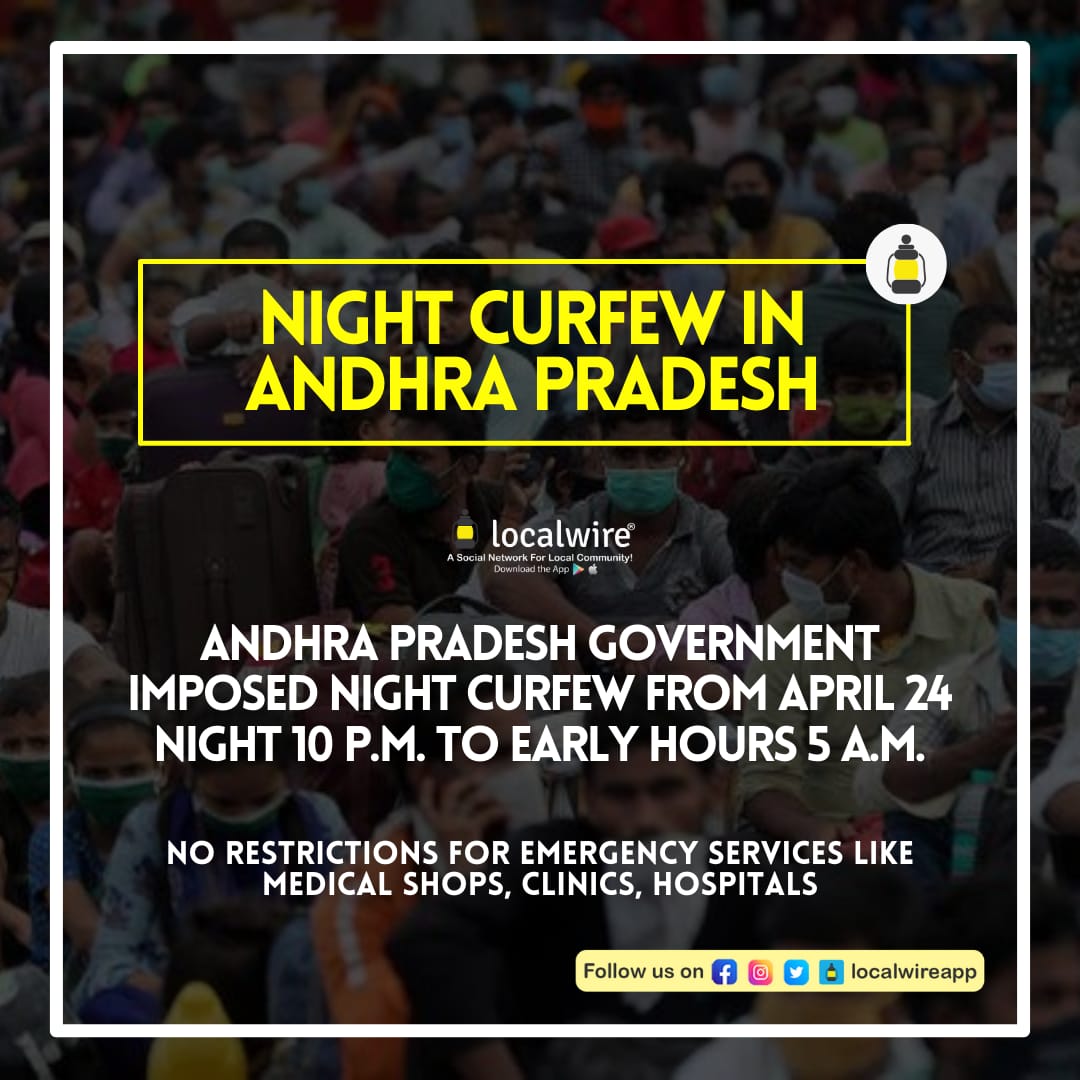 Localwireapp's tweet photo. Night Curfew imposed in Andhra Pradesh from 24th April 

#AndhraPradesh #NightCurfew #Emergency #Visakhapatnam #Vizag #LocalwireApp #Localwire https://t.co/lrjBa13K1p