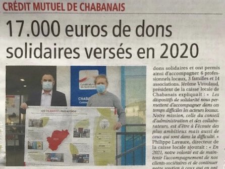 Les #Solidarités de la Caisse de Chabanais mises en valeur dans la presse : « notre mission, à nous CA est d’être à l’écoute des plus ambitieux mais aussi de ceux qui sont dans les difficultés » explique Jérôme Viroulaud, président de la caisse. <a href="/CMSudOuest/">CMSudOuest</a> <a href="/cmarkea/">Crédit Mutuel Arkéa</a>