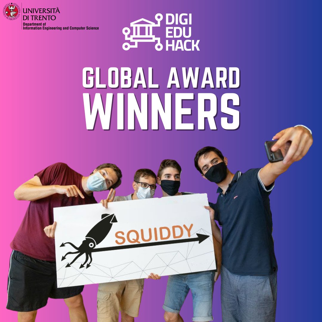 UniTrento_DISI's tweet image. 🏆Congratulazioni al nostro team “Provolosi” 
Simone
Lorenzo
Sergio 
Sebastiano
e al progetto “#Squiddy – Real time collaboration platform for lab teachers” vincitore della competizione internazionale 🌐#DigiEduHack2020 nell’ambito del piano d’azione per l’istruzione digitale!