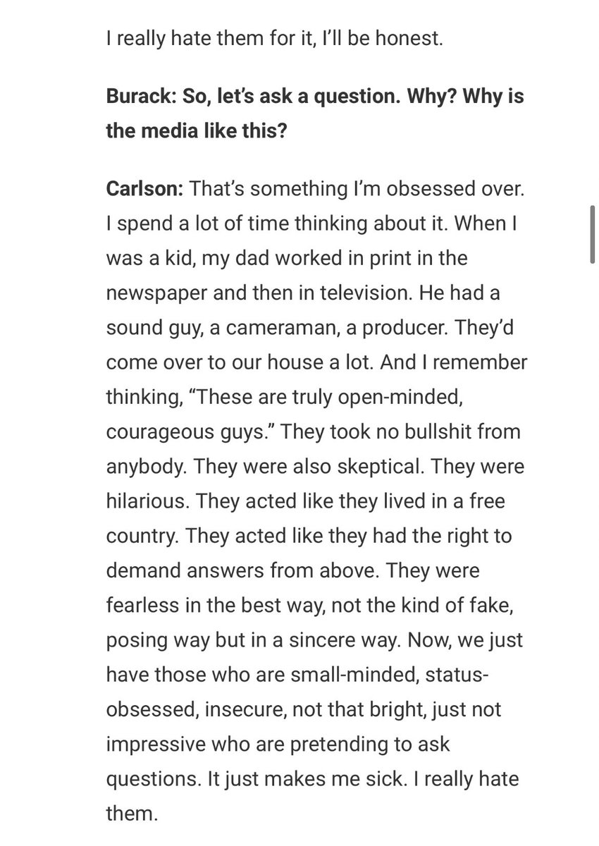 "I really hate them."As you read this interview with Tucker Carlson, about how much he hates "the media," remember that he works for a major media company that employs hundreds of journalists.  https://www.outkick.com/tucker-carlson-fox-news/