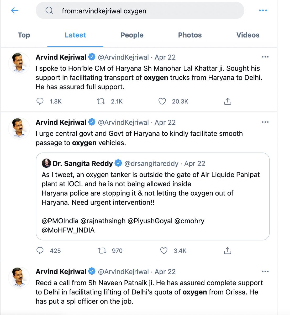 Kejriwal and Delhi crisis. A thread (1/n)Here are the number of tweets in past few days Delhi CM  @ArvindKejriwal made on oxygen and lack of availability in the national capital.