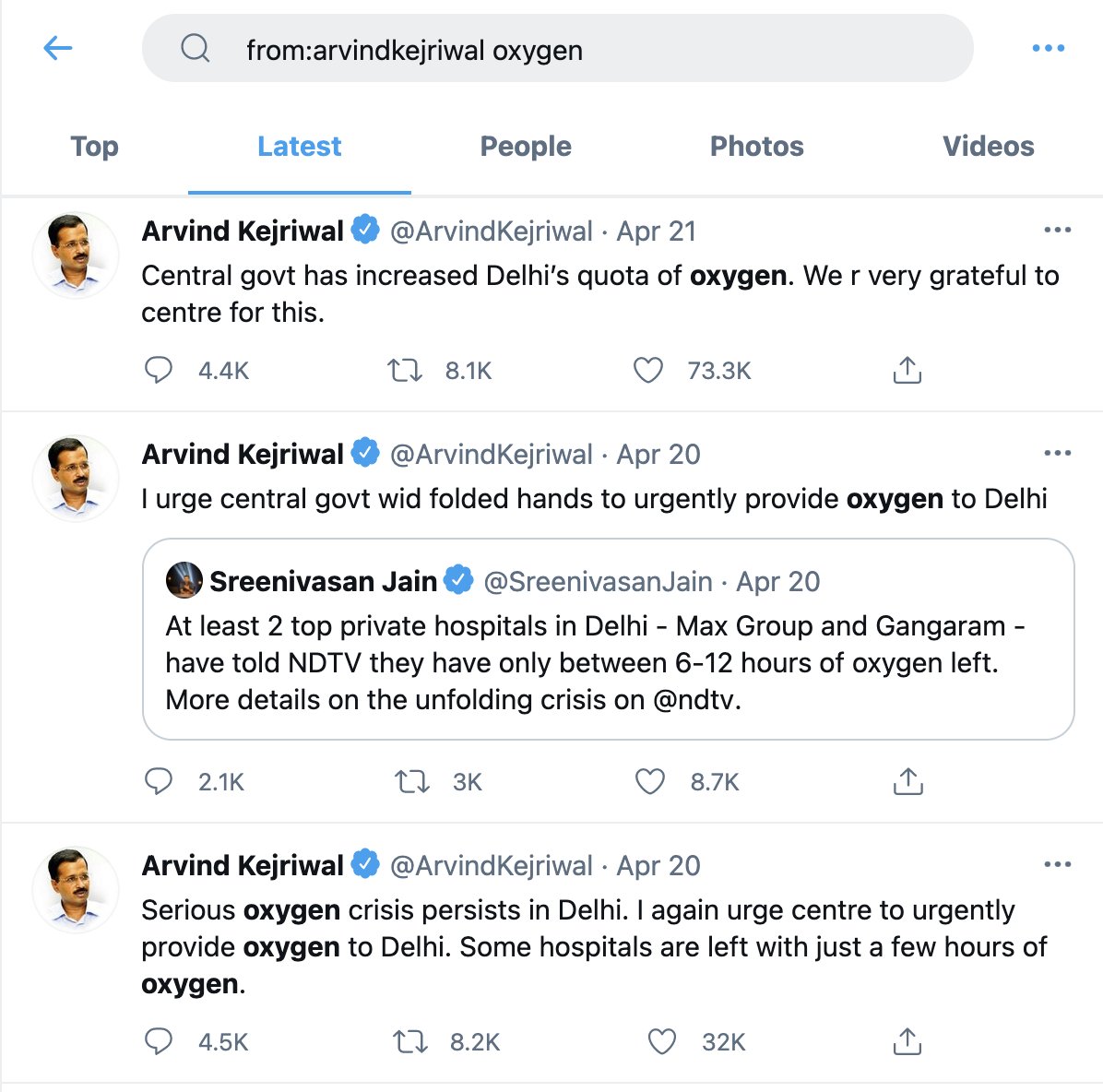 Kejriwal and Delhi crisis. A thread (1/n)Here are the number of tweets in past few days Delhi CM  @ArvindKejriwal made on oxygen and lack of availability in the national capital.