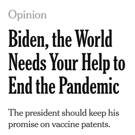 “This is the only humane thing in the world to do.” - Joe Biden  #TRIPSwaiver  #PeoplesVaccine Read more:  https://www.nytimes.com/2021/04/23/opinion/global-vaccine-patents.html
