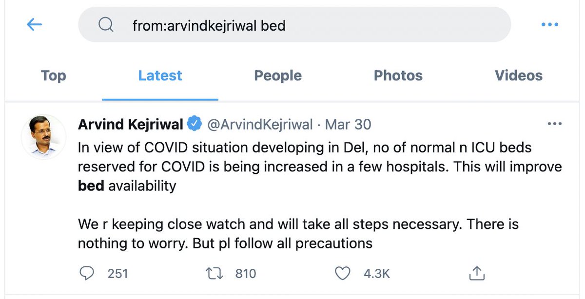 Here is his tweet on availability of beds in Delhi. March 30. Today is April 23 (2/n)
