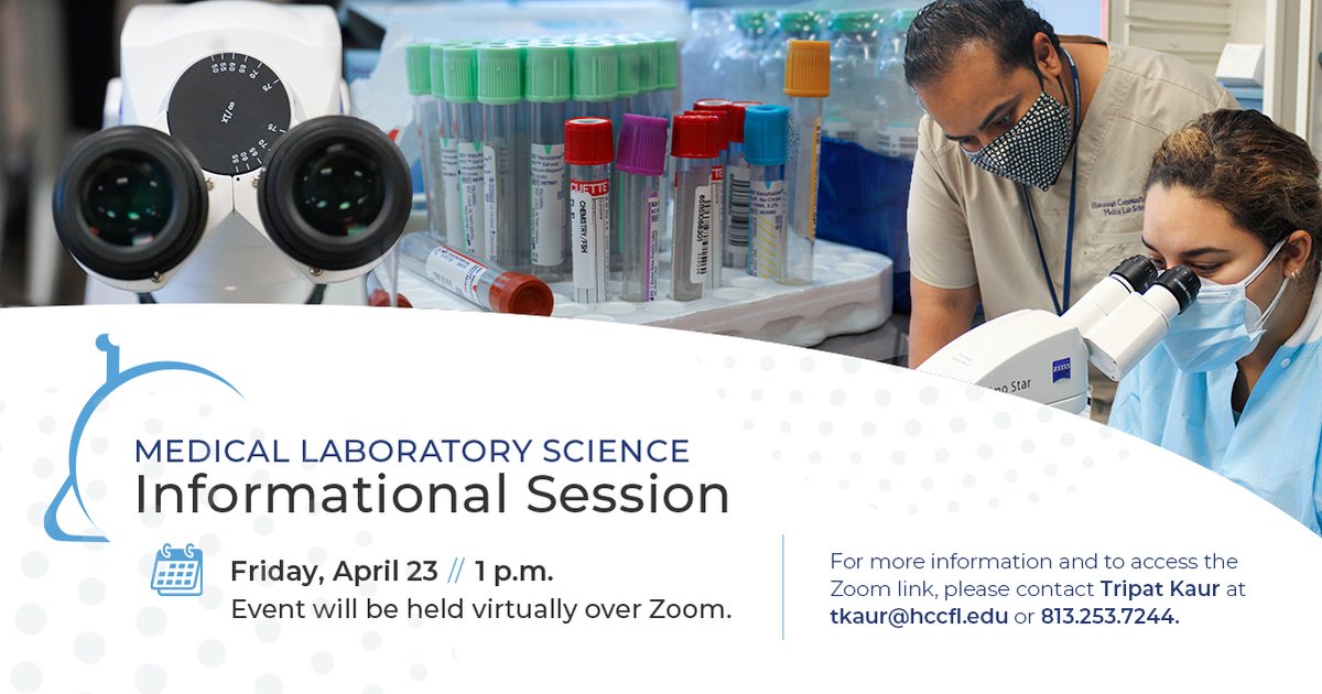 HCCFL's tweet image. TODAY at 1 p.m., join us for a virtual info session to learn more about our med lab science advanced technical certificate. ow.ly/KGf150EkKqK 🔬

Email tkaur@hccfl.edu to access the Zoom link. #MedicalLaboratoryProfessionalsWeek
#ASCPLabWeek21 #ThankALaboratoryHero #HCCFL