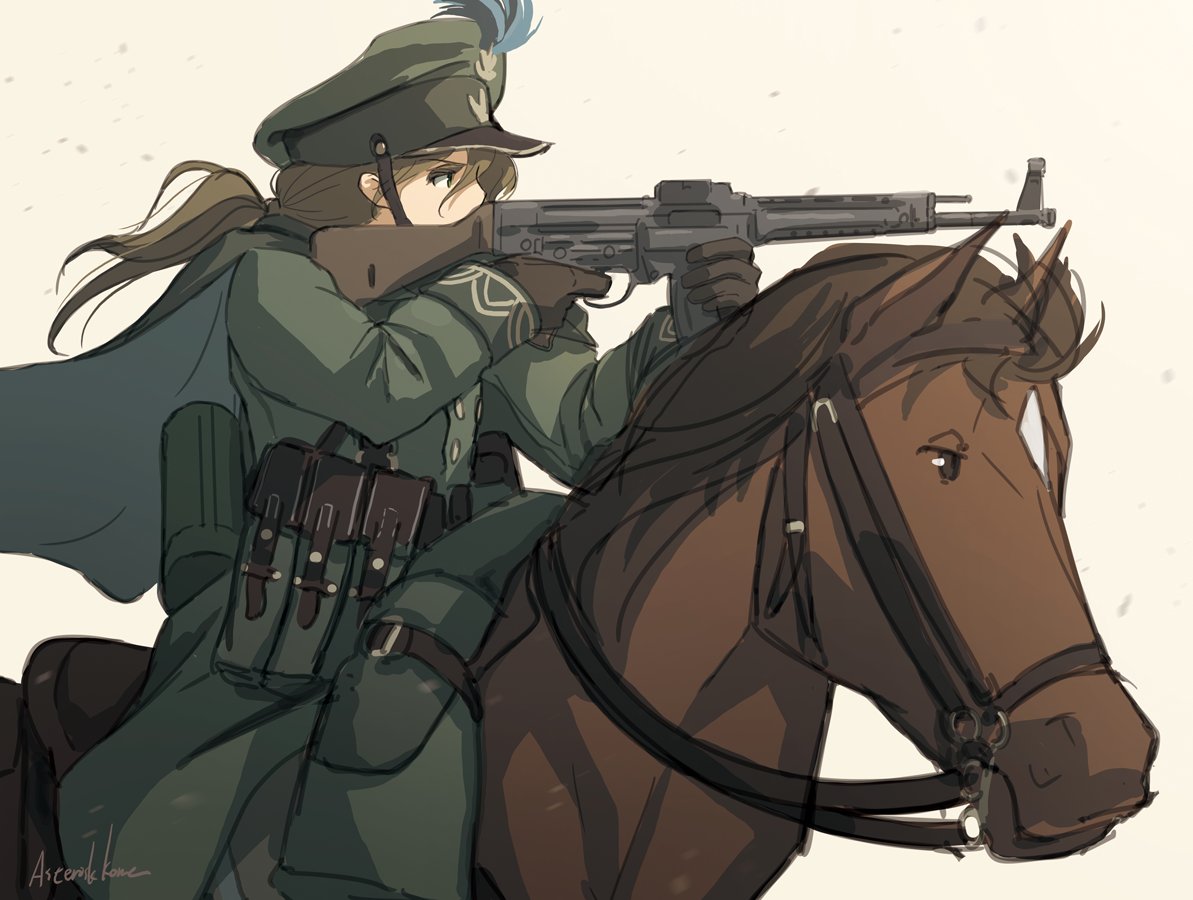 1girl weapon gun gloves riding hat horseback riding  illustration images