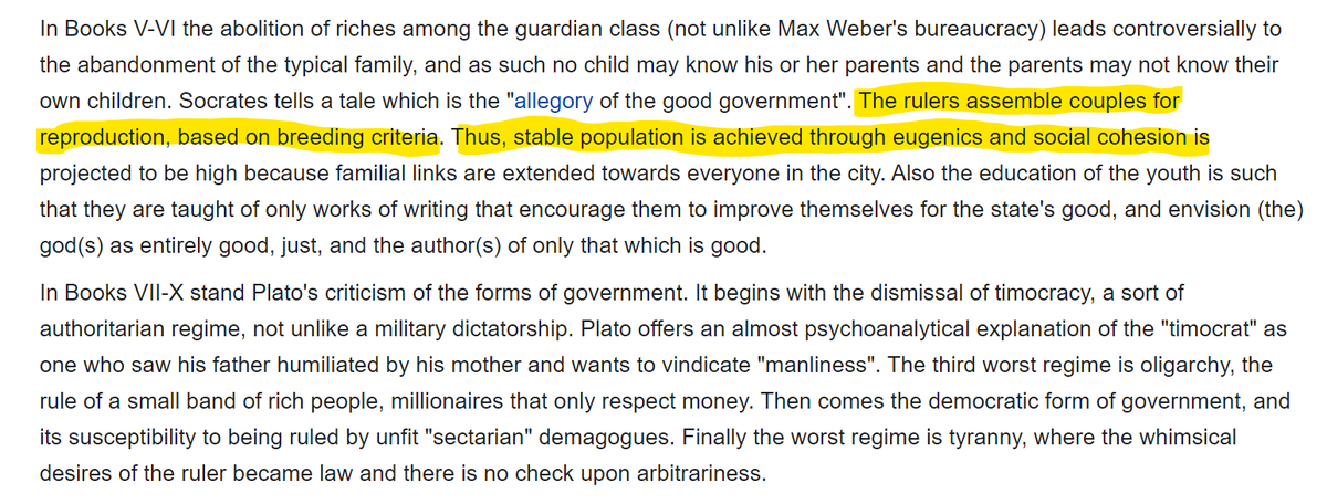 Here we begin to see just how much Plato has influenced our modern culture, as the Guidestones not only mirror his Atlantis, but the first 2 inscriptions are based on"Eugenics"The idea that the human population should be closely managed, an idea that Plato gives in "Republic"