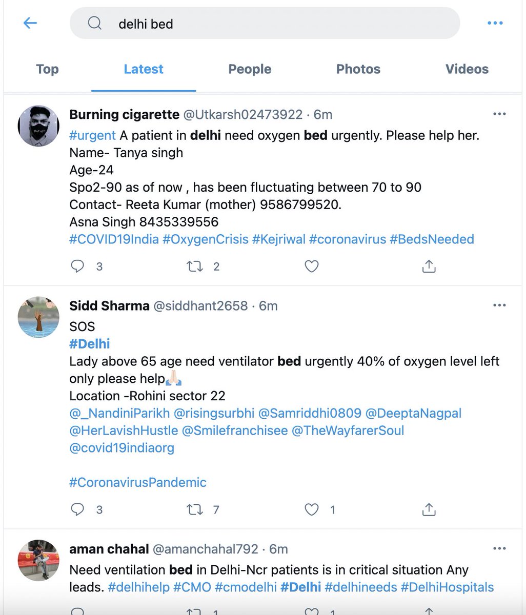 Here are the latest tweets on COVID patients being helpless about lack of availability of beds in Delhi. These are just the last few ones. There are many, many such distress messages (4/n)