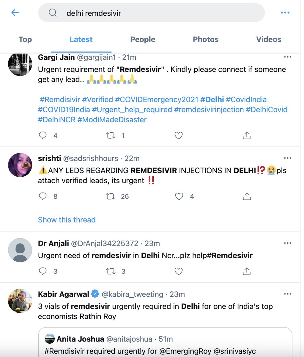 Here are people sending SOS for remdesivir in Delhi. Kejriwal has not ONCE tweeted about scarcity of remdesivir in national capital. (5/n)