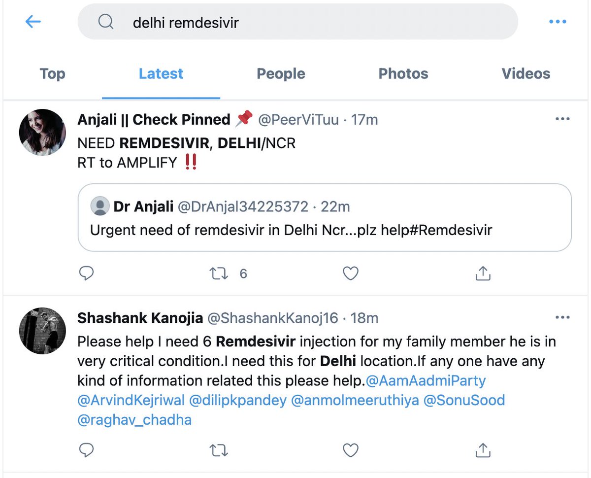 Here are people sending SOS for remdesivir in Delhi. Kejriwal has not ONCE tweeted about scarcity of remdesivir in national capital. (5/n)