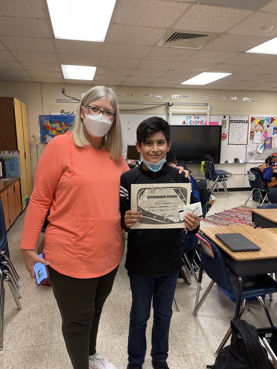 Who has the kindest students in Aldine? We do! We celebrated fifth graders, Urial Vasquez, from Ms. Shawaker/Schmidtberger’s class. with a citizenship award. He was nominated by Mrs. Liesmann for his helpfulness and kindness. <a href="/pshawaker11/">Peggy Bohan Shawaker</a> <a href="/MrsLiesmann/">Mrs. Liesmann</a>