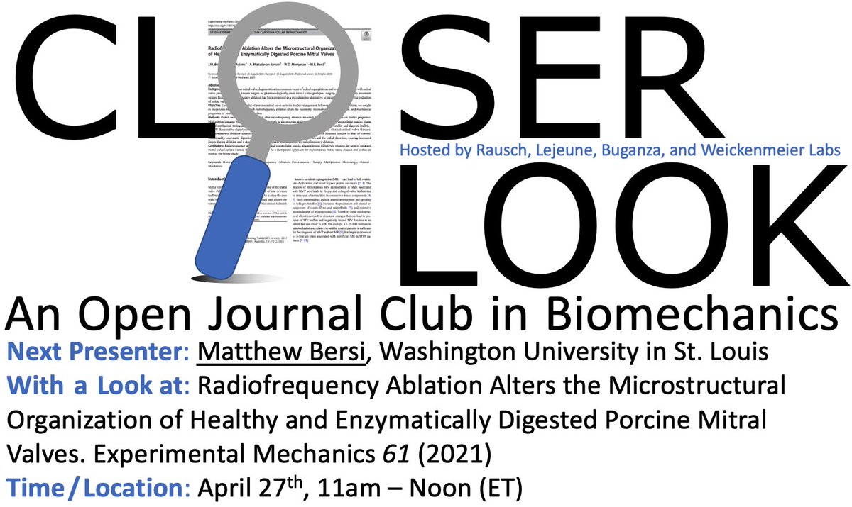 #Biomechanics Community, mark your calendar: Our sixth speaker to provide a Closer Look will be Matthew Bersi from @WUSTL on April 27th (Tuesday). Find his paper here 👉 t.ly/BLj6. Sign up for the zoom link here 👉 bit.ly/3iUWpBr